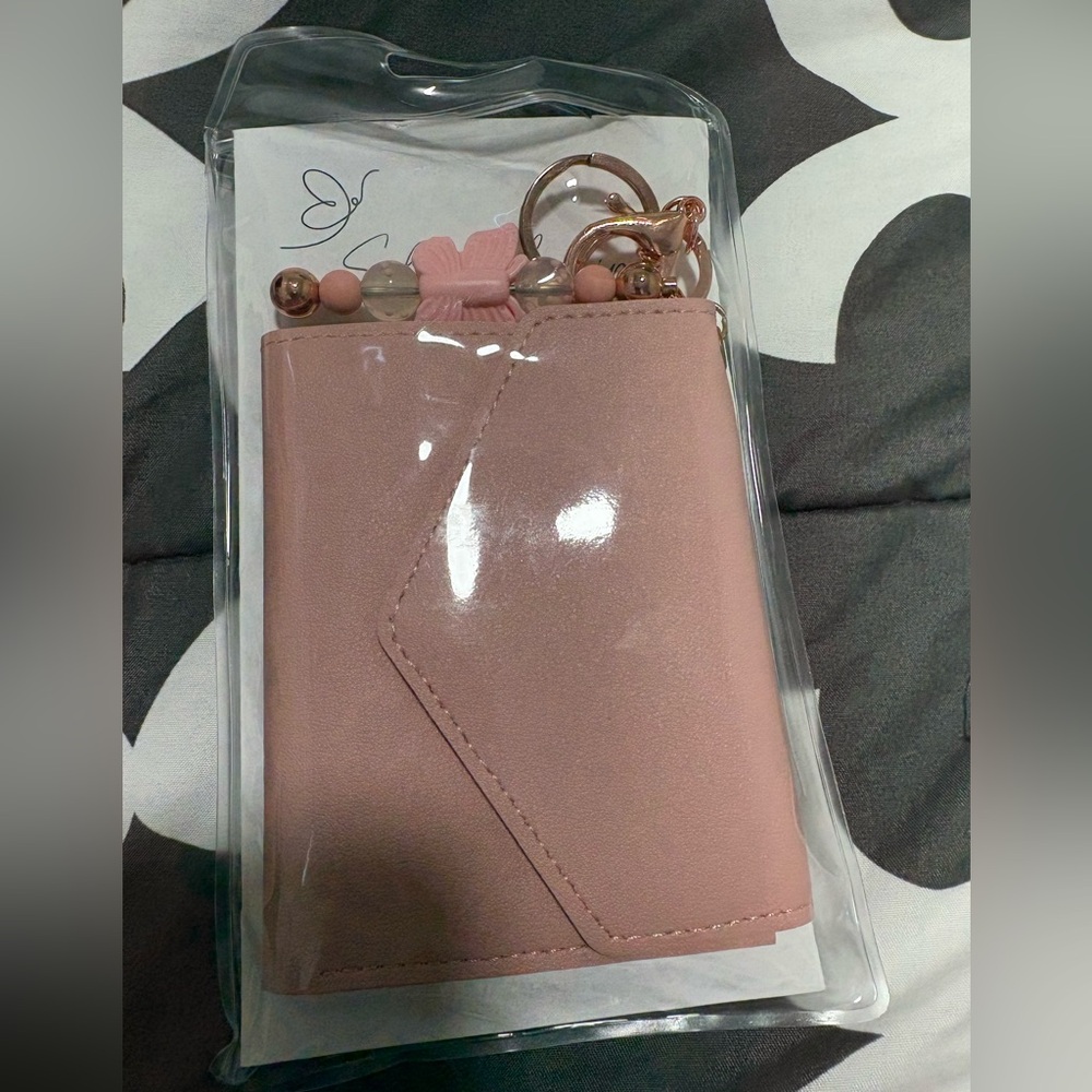 Blush Pink Card & Key Holder with Beaded Charm